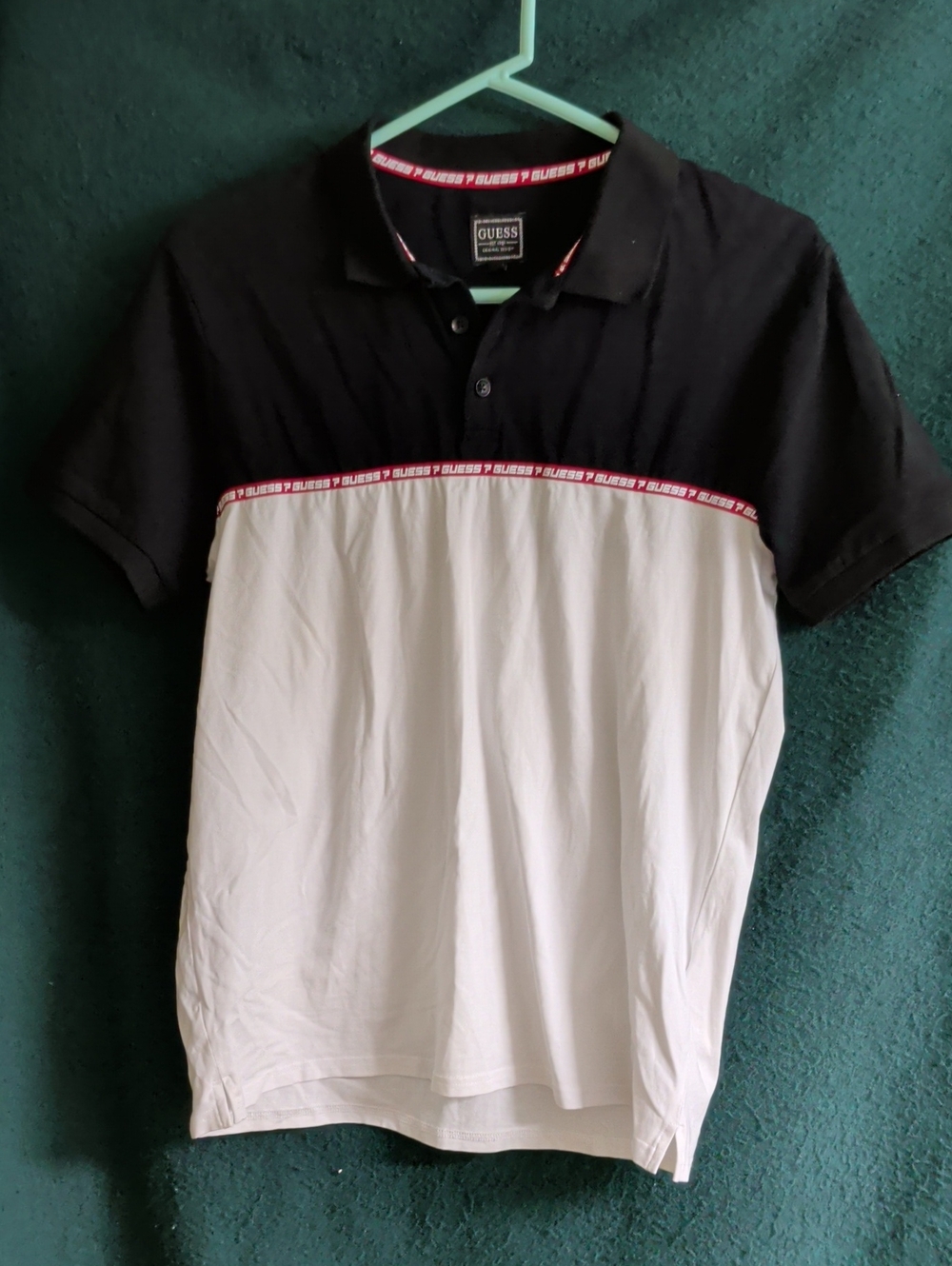 GUESS Men’s Black and White Colorblock Polo with Red Trim